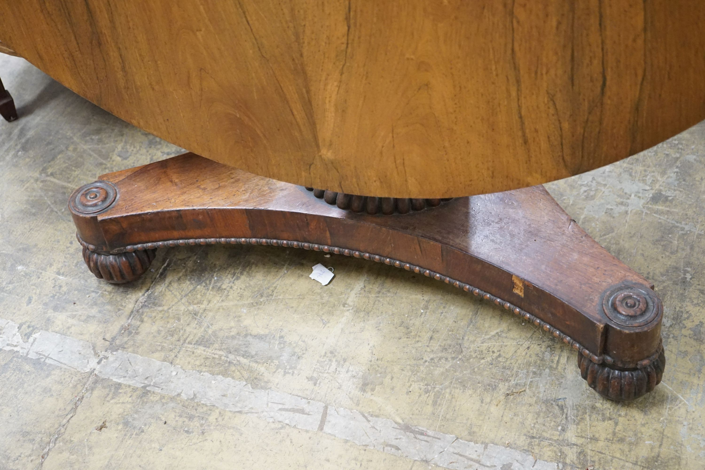 A Regency circular rosewood tilt top breakfast table, diameter 120cm, height 76cm